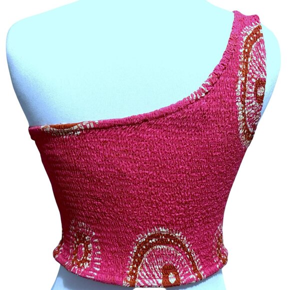 House of Harlow 1960 Smocked One Shoulder Boho Crop Top Hot Pink Cotton Sz M - Picture 4 of 6